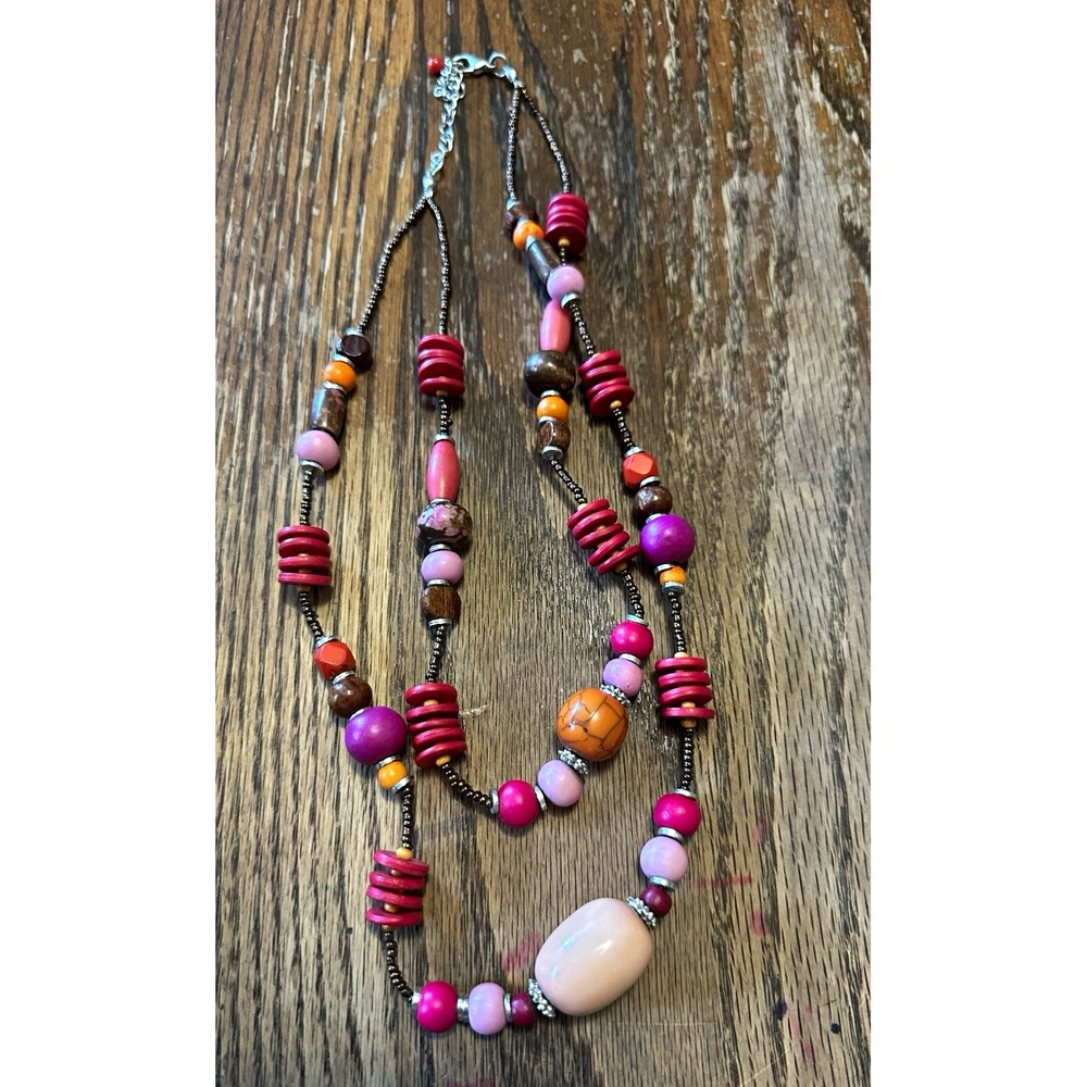 Y2K Boho Double Strand Chunky Bead Necklace Wood, Stone Multi Layer Pink